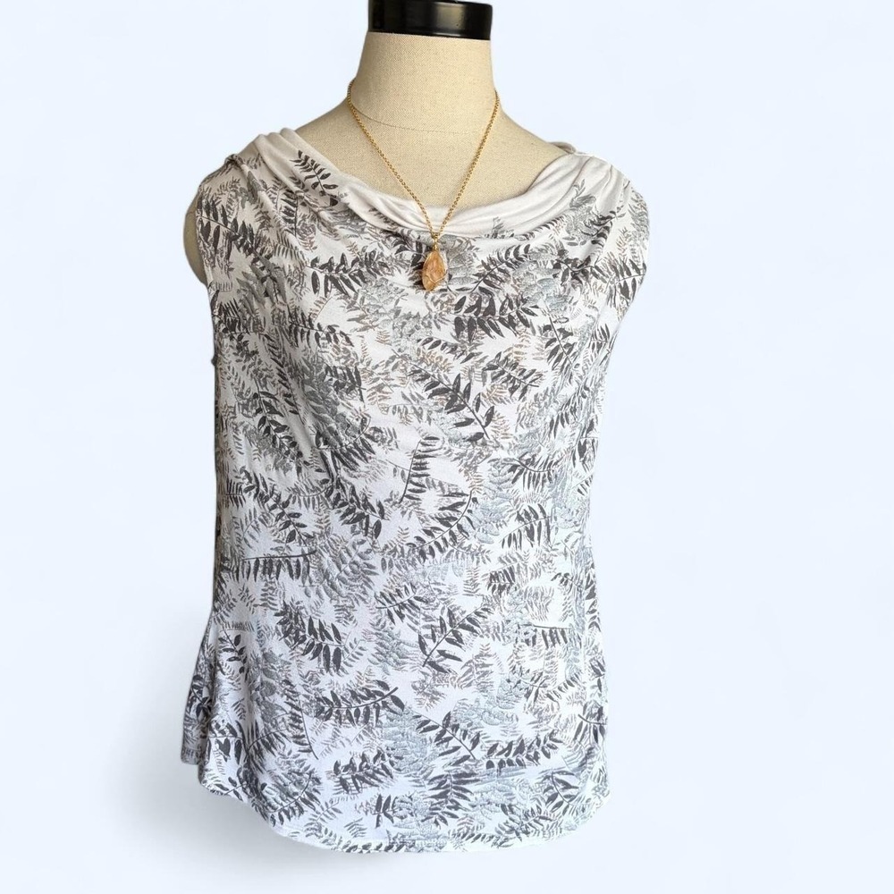 Cato Womens Grey White Botanical Leaf Print Cowl Neck Sleeveless Knit Top Size M